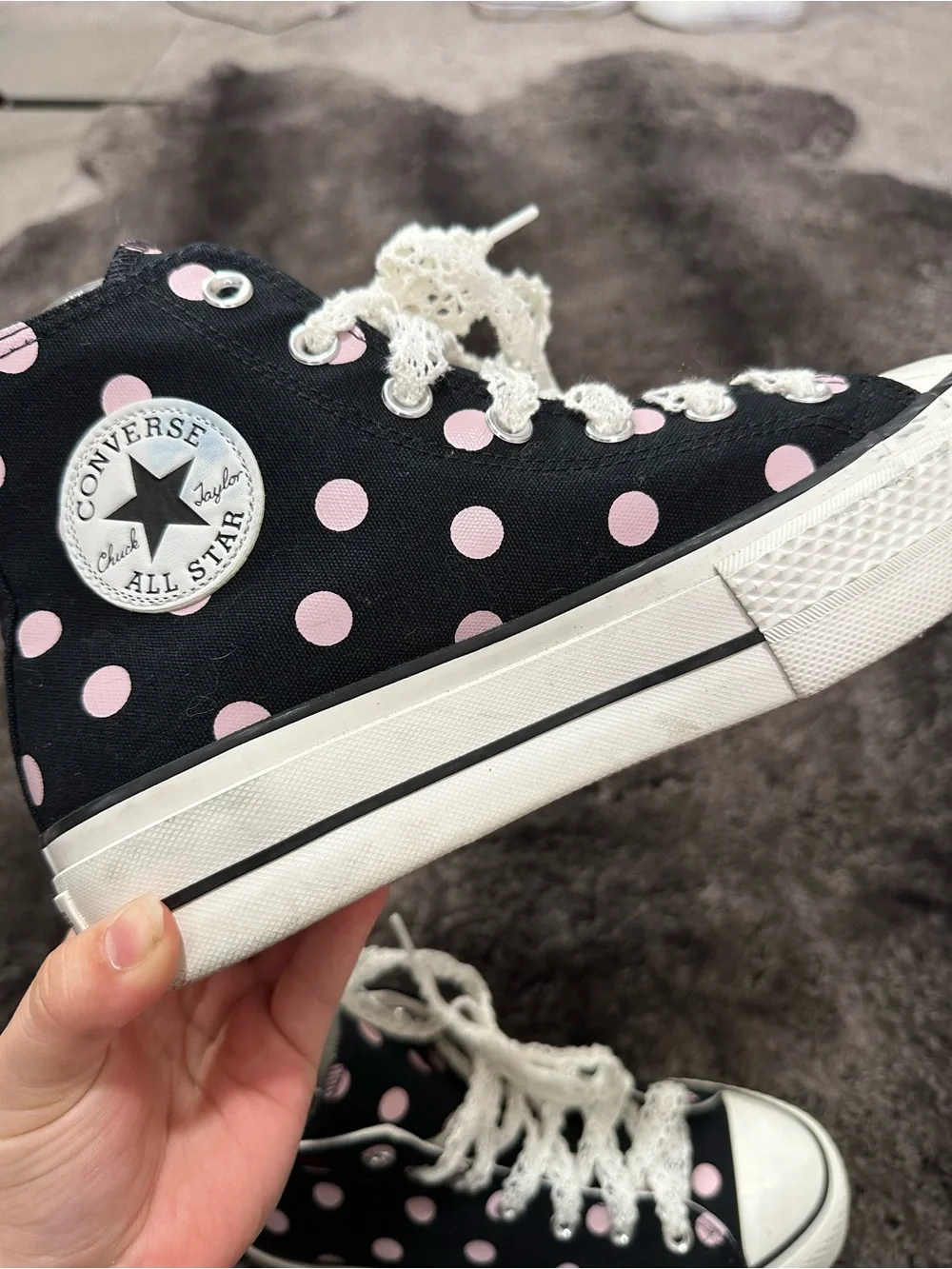 Converse Chuck Taylor All Star Lift Platform Black Pink Polka Dot Shoes Sz 8